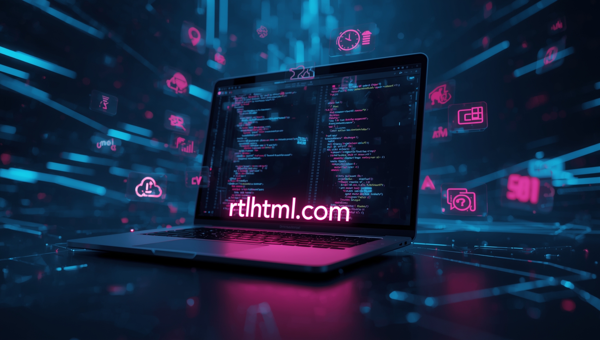 قالب HTML شخصی روی مانیتور با طراحی مدرن و متن rtlhtml.com